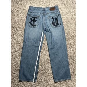 Ecko Unltd Y2K Baggy Jeans Mens Blue Embroidered Hip Hop Skater